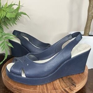 Crocs Navy Blue Farrah Slingback Wedge Sandals Size 9 Pumps Heel Shoes